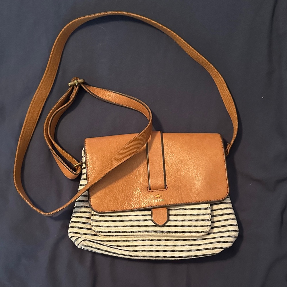Fossil Brown Leather and Black Striped Crossbody Bag